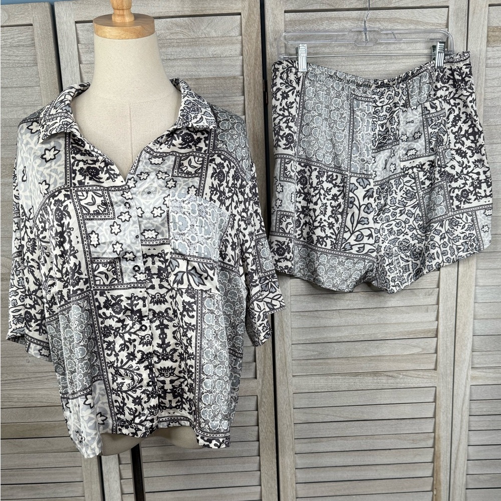COMO (Sleep) Women's Satin Patchwork Print Two Piece Shortie Pajama Set Blue-XL